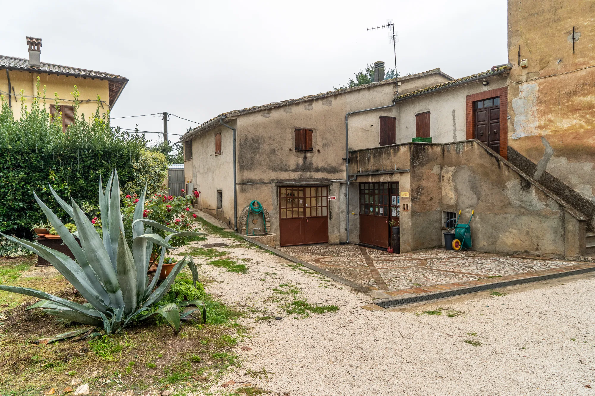 altbauhaus mit agave und kiesweg