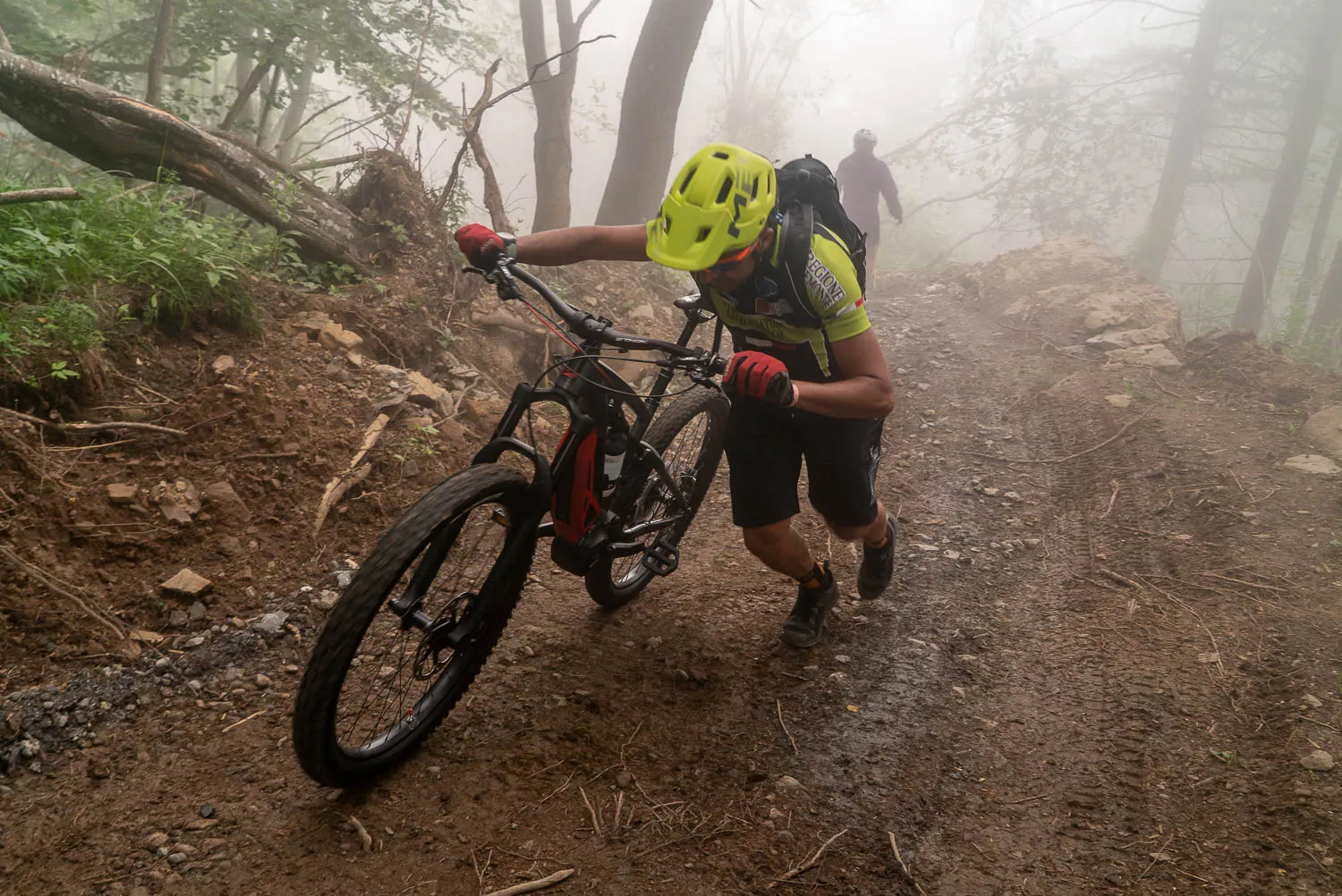 Radfahrer schiebt sein Fahrrad durch nebligen Waldweg.