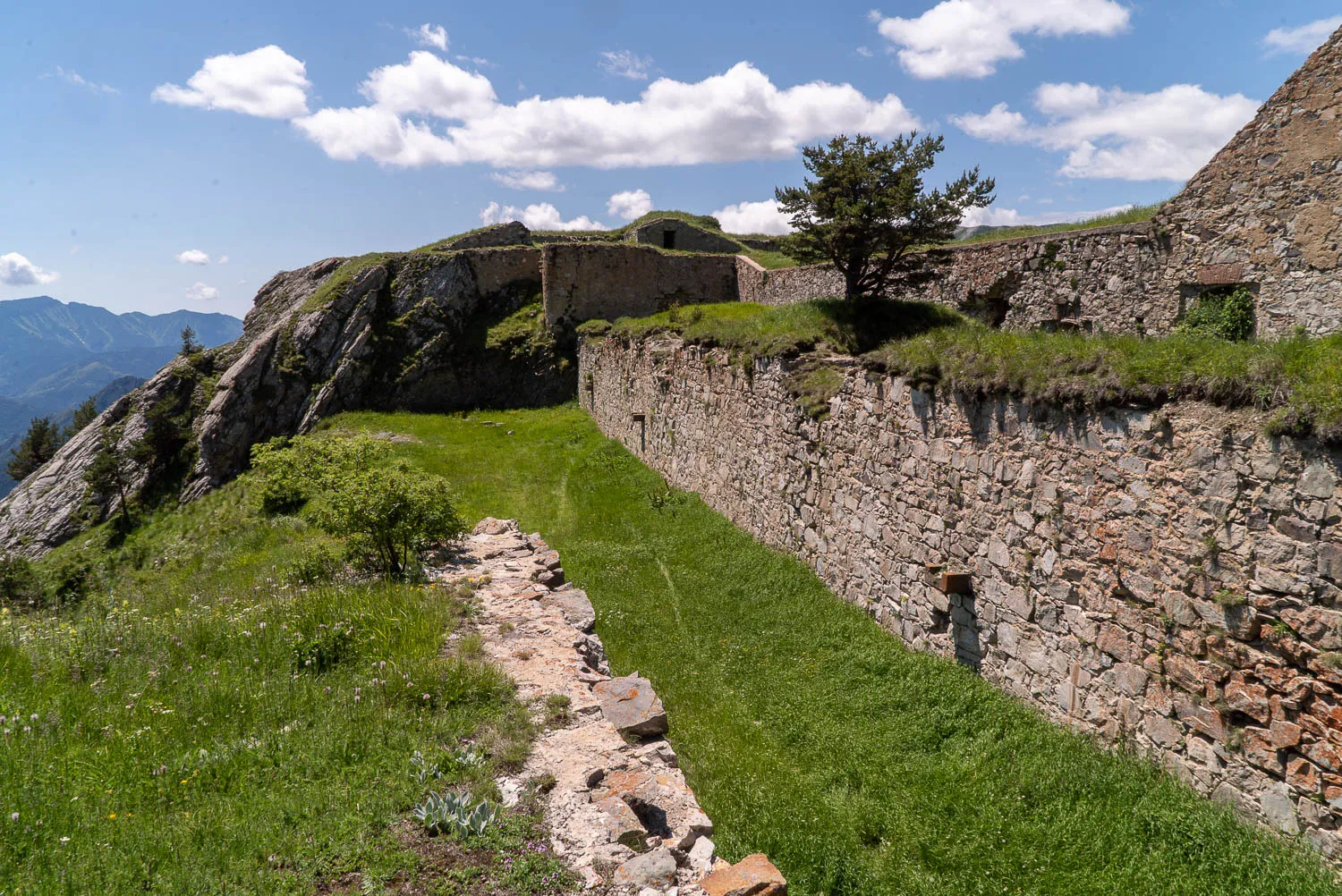 Steinmauer und Grasbewuchs auf einem Bergpfad mit Blick auf eine Burganlage im Hintergrund.