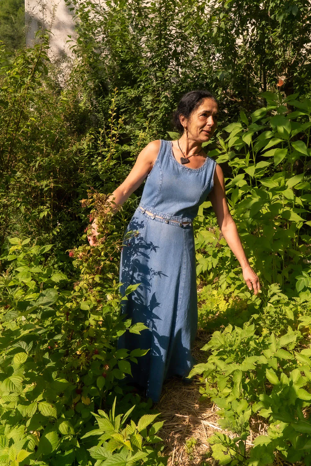 Frau in blauem Kleid zwischen grünen Pflanzen im Kräutergarten