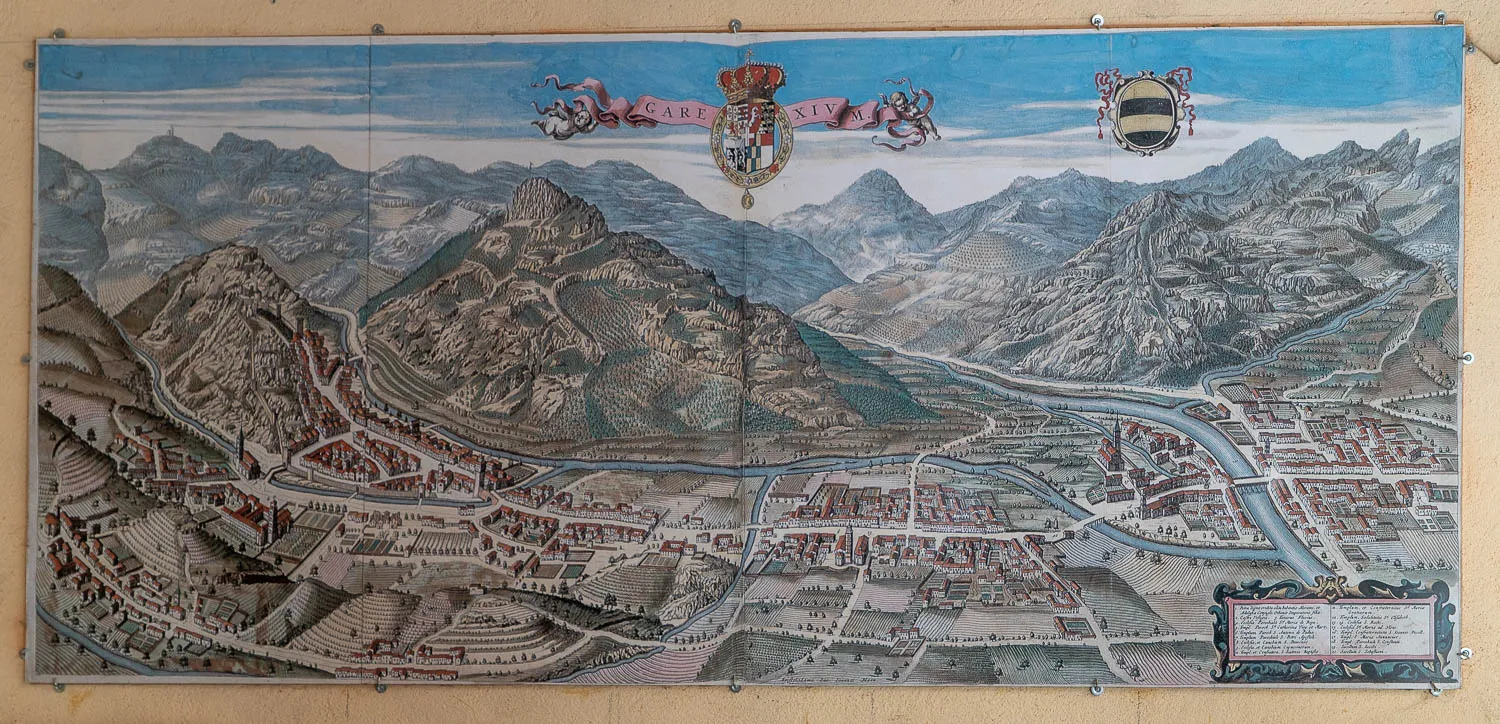 Historische Karte von Garessio im Tal des Tanaro mit Bergen und Fluss
