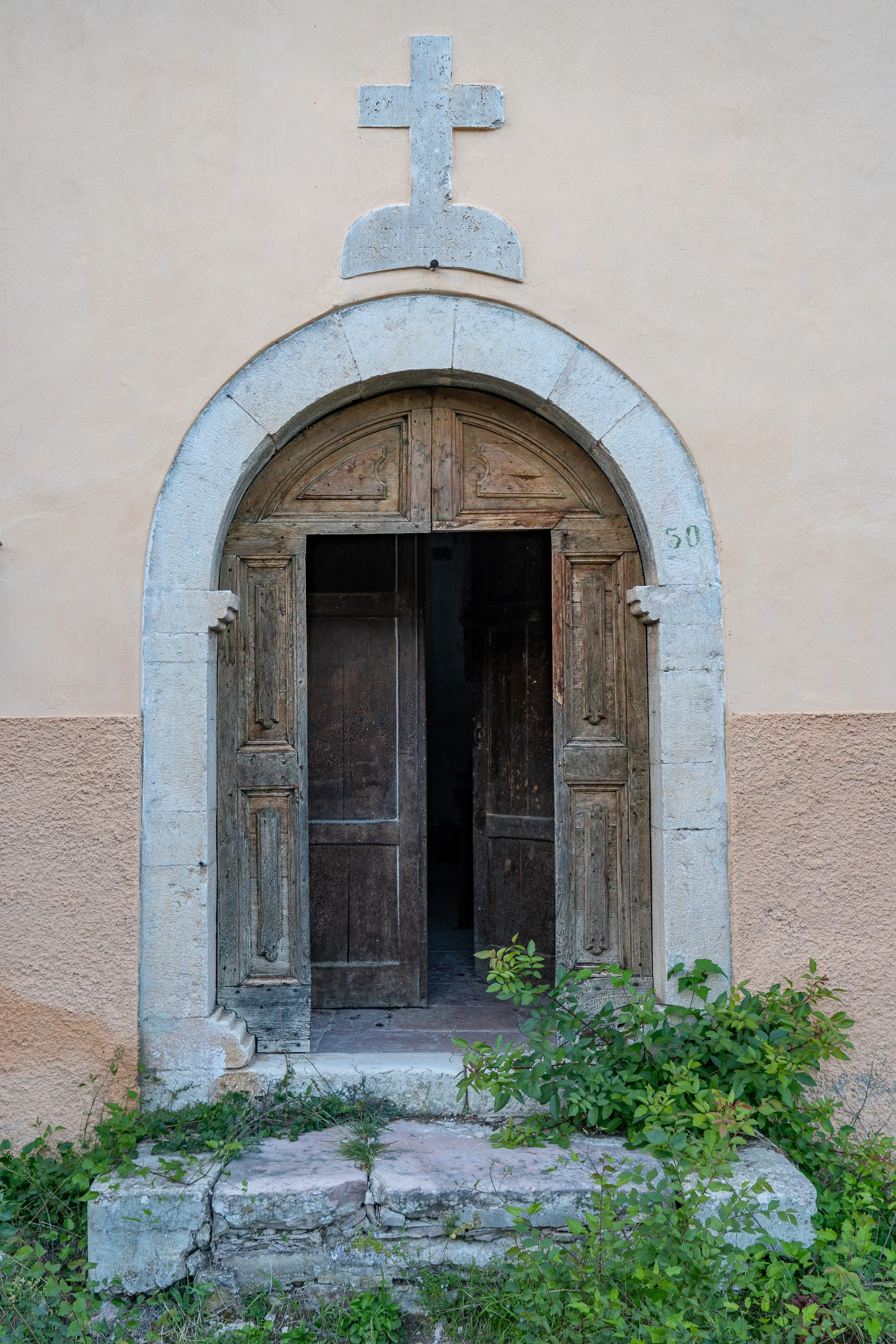 Alter Kircheneingang mit Holztür und Steinbogen, über dem Kreuz, umgeben von Grünzeug