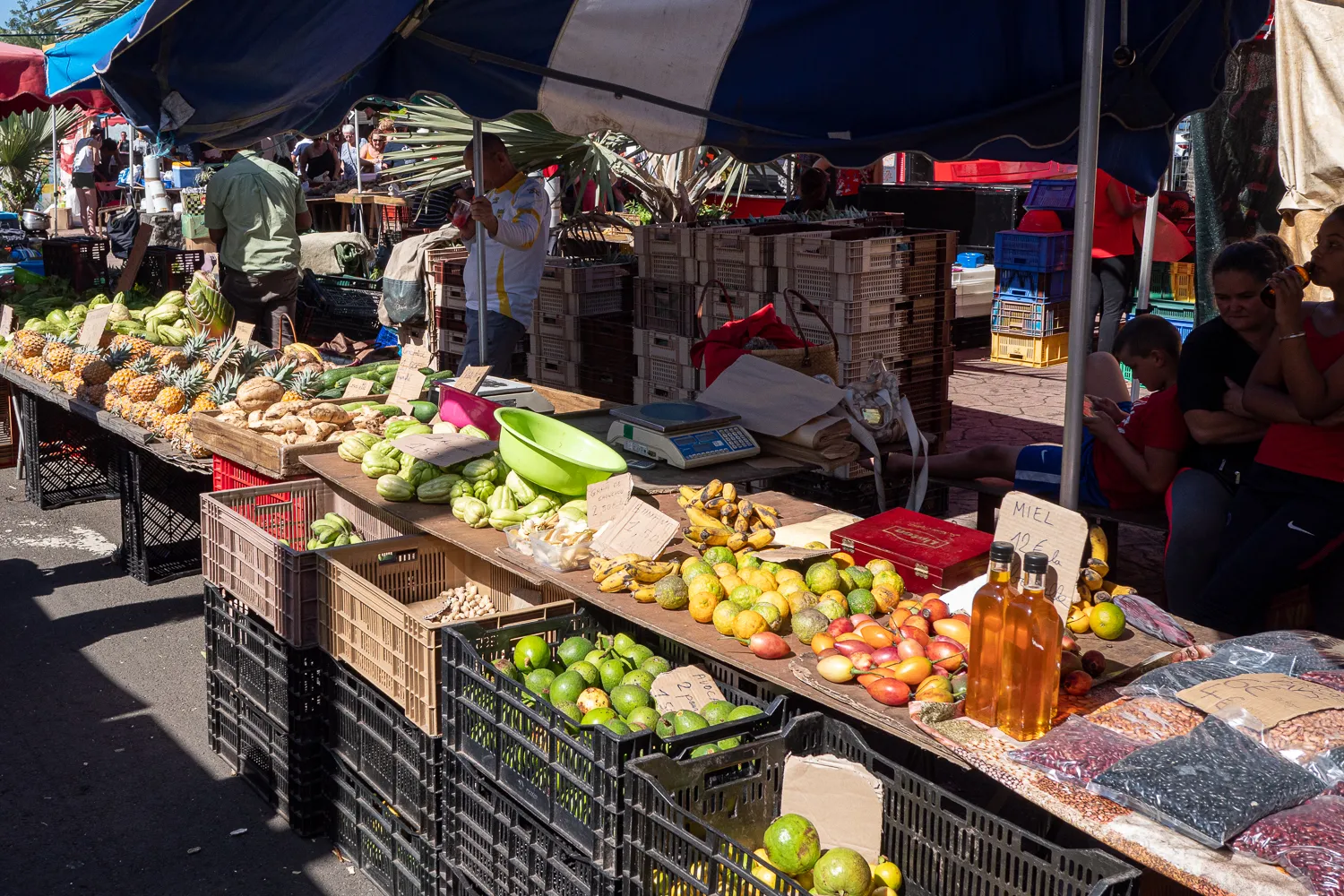 Marktstände mit Obst, Gemüse und Honig unter blauen Sonnenschirmen.