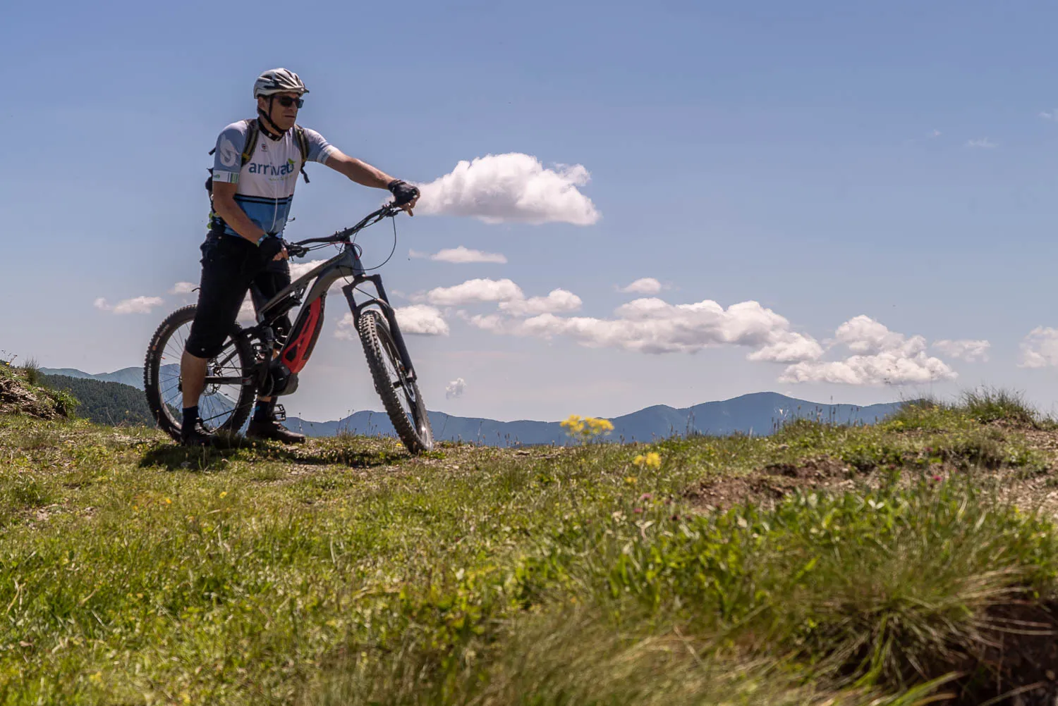 Radfahrer mit E-Bike auf grüner Wiese, Berge und Wolken im Hintergrund
