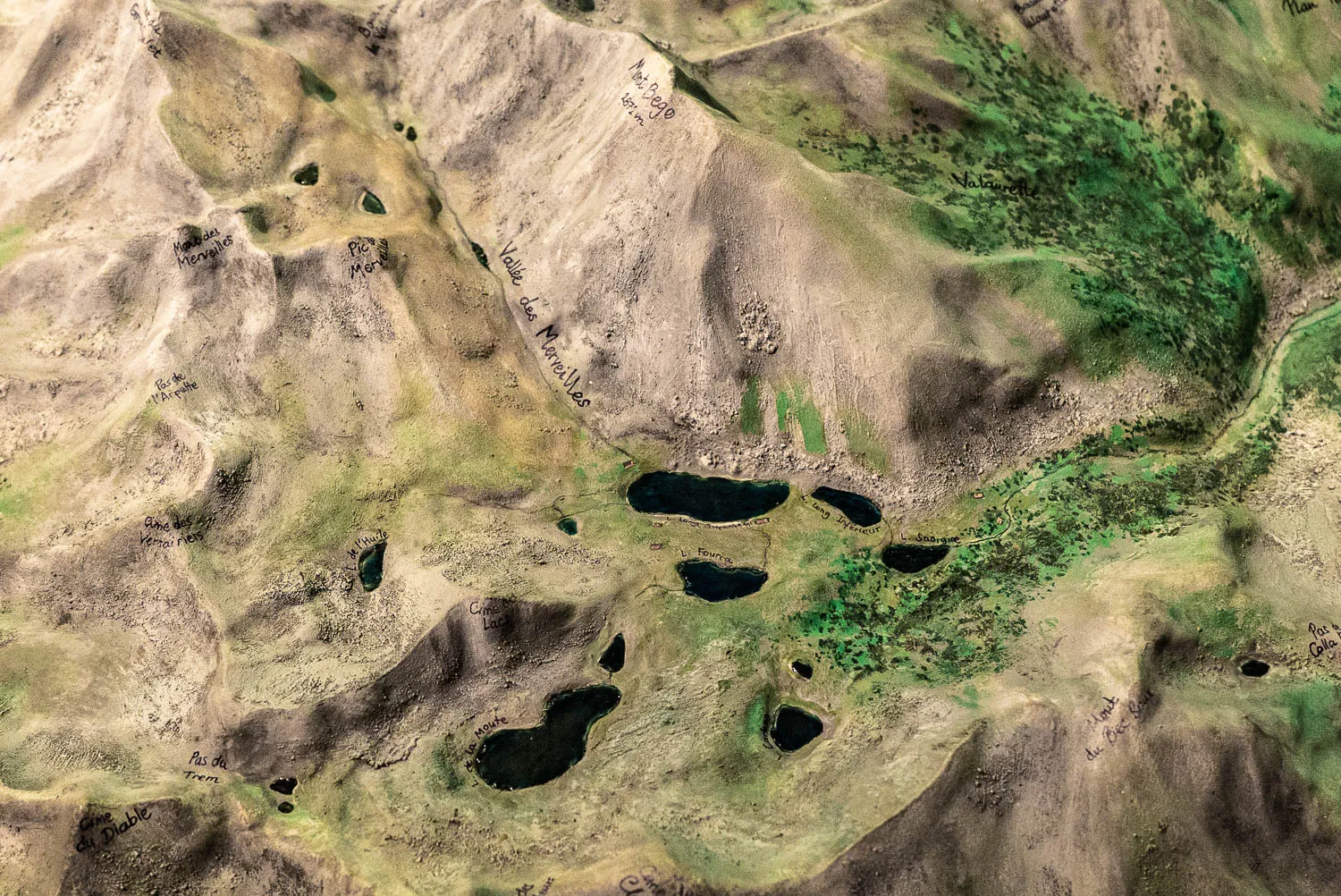 Luftbild des Mont Bego Reliefs mit Seen und markierten Höhenlinien