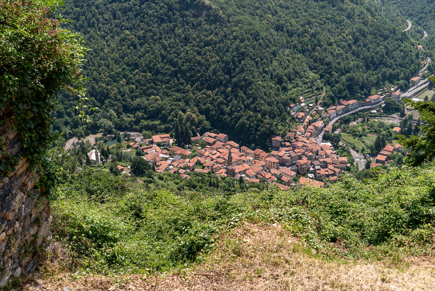 Dorf mit roten Dächern in grüner Talniederung