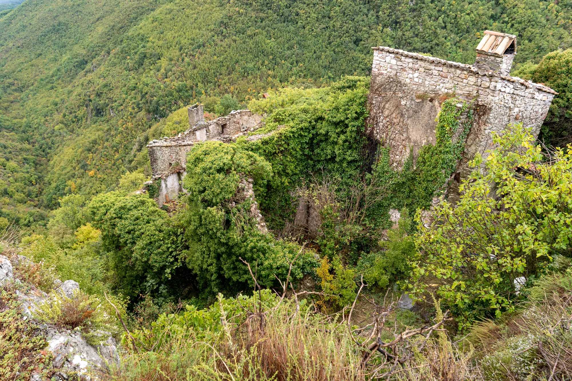 Verfallene Steinruine in dichtem Grün, umgeben von bewaldeten Bergen