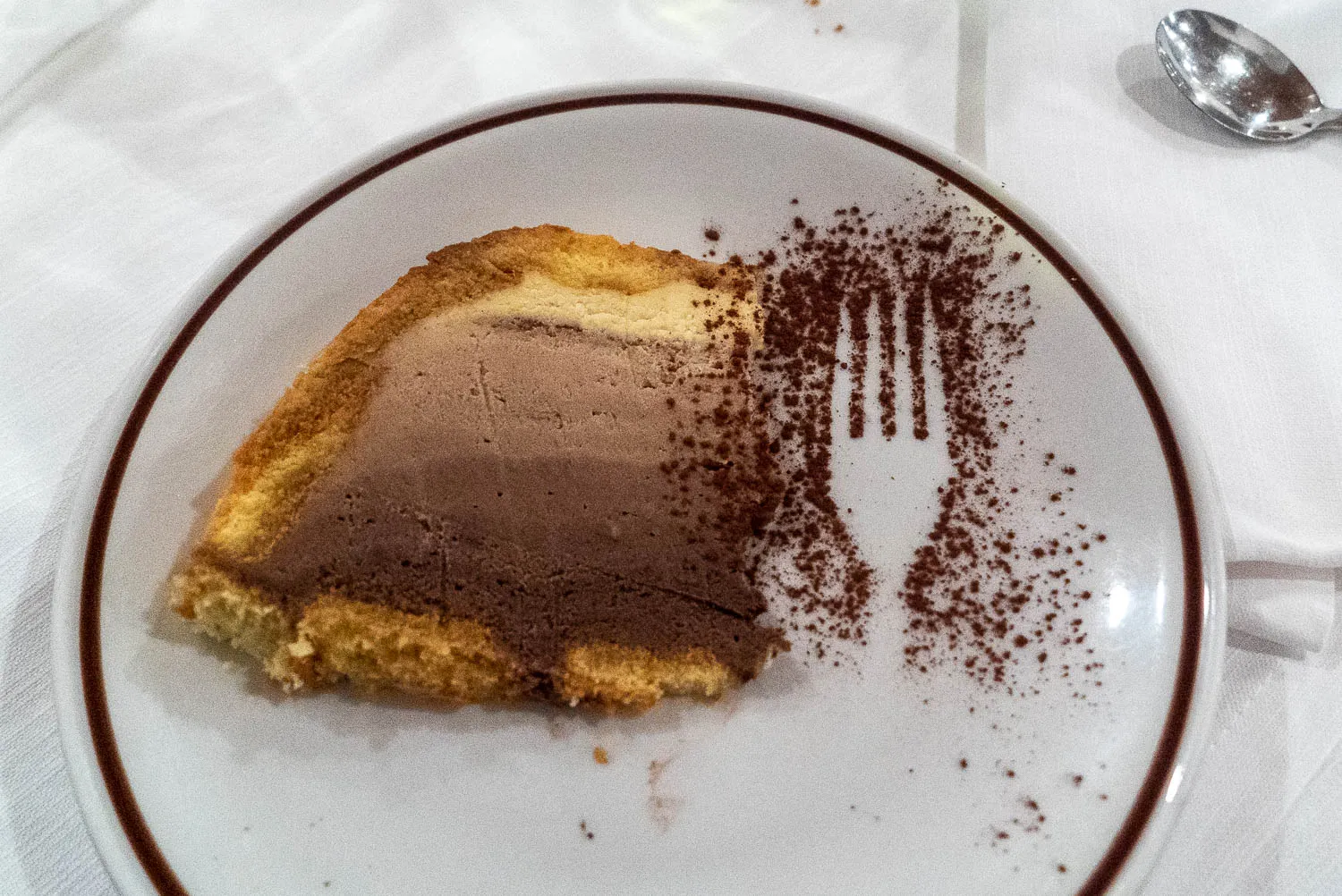 Schokoladenkuchen auf Teller mit Kakaopulver und Gabelzeichnung