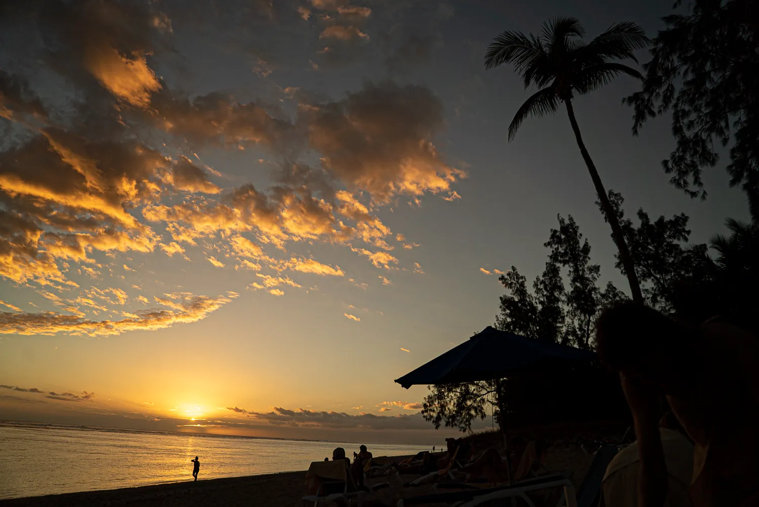 Sonnenuntergang über Strand mit Palmen und Liegestühlen