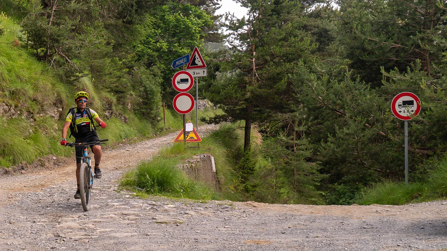 Radfahrer fährt auf steinigem Waldweg mit Verkehrsschildern