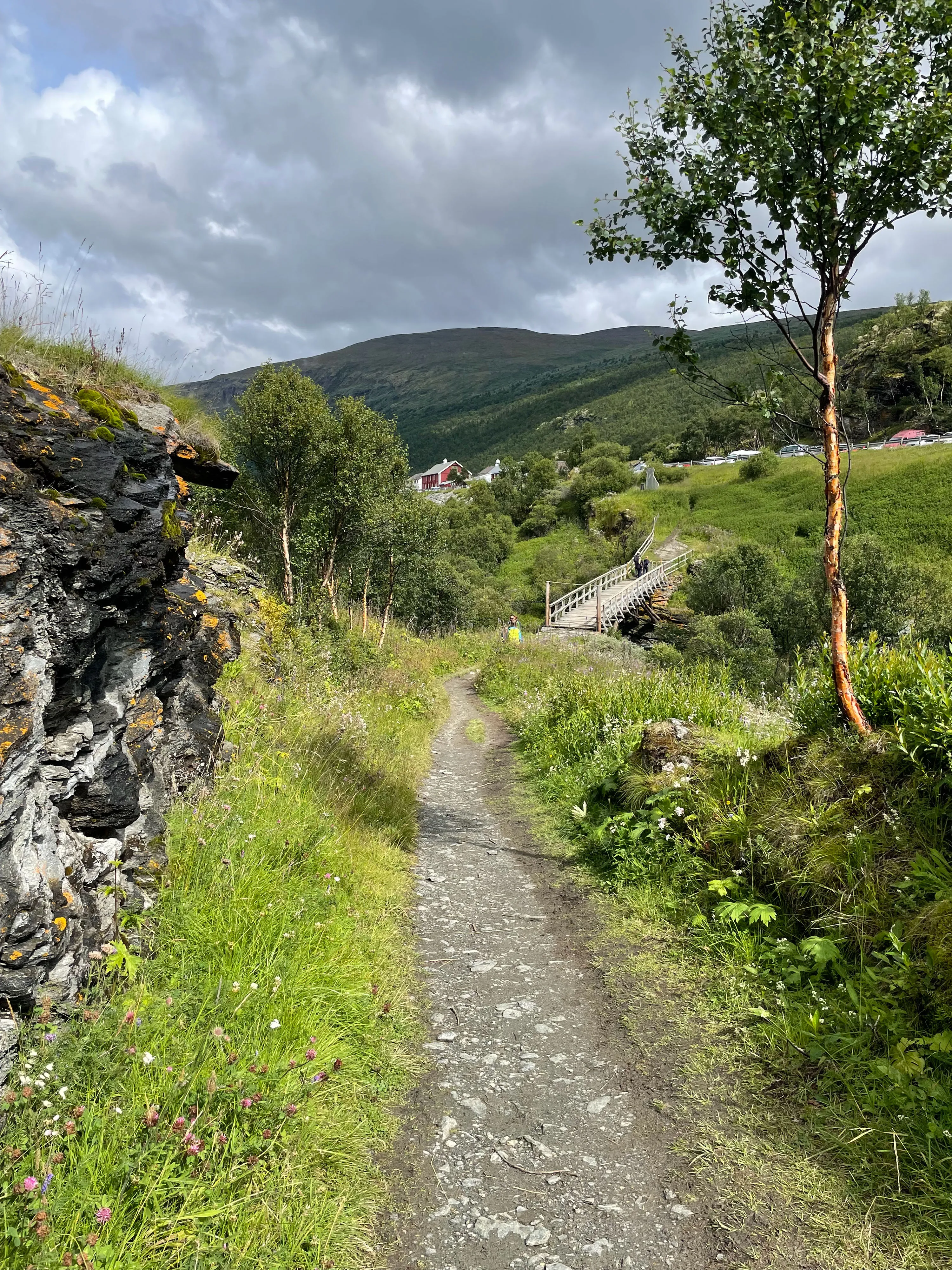 Wanderweg durch grüne Landschaft mit Steinmauer und Holzbrücke im Hintergrund