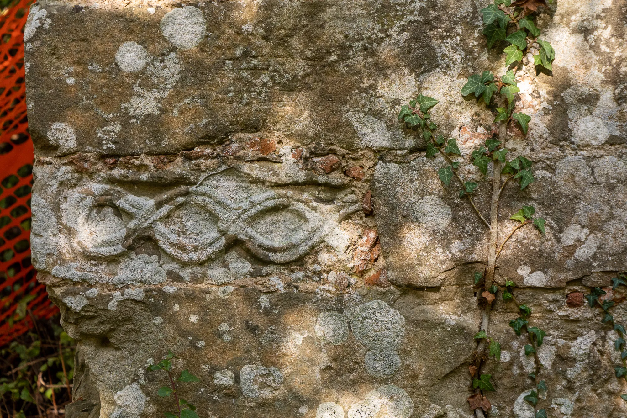 Steinrelief mit Rankenmuster und Efeu, bedeckt von Morgennebel