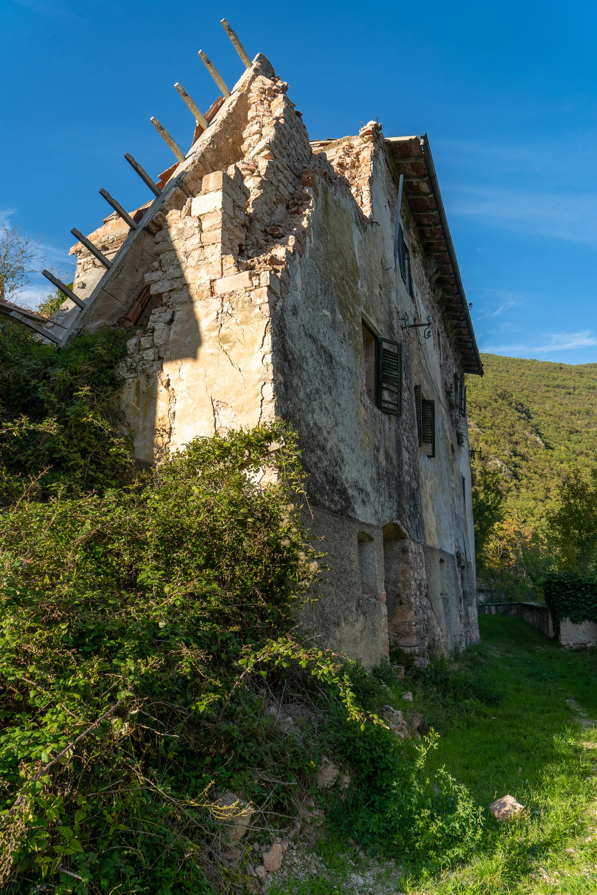 Verfallenes Steinhaus mit Holzdachstuhl und grüner Vegetation im Hintergrund