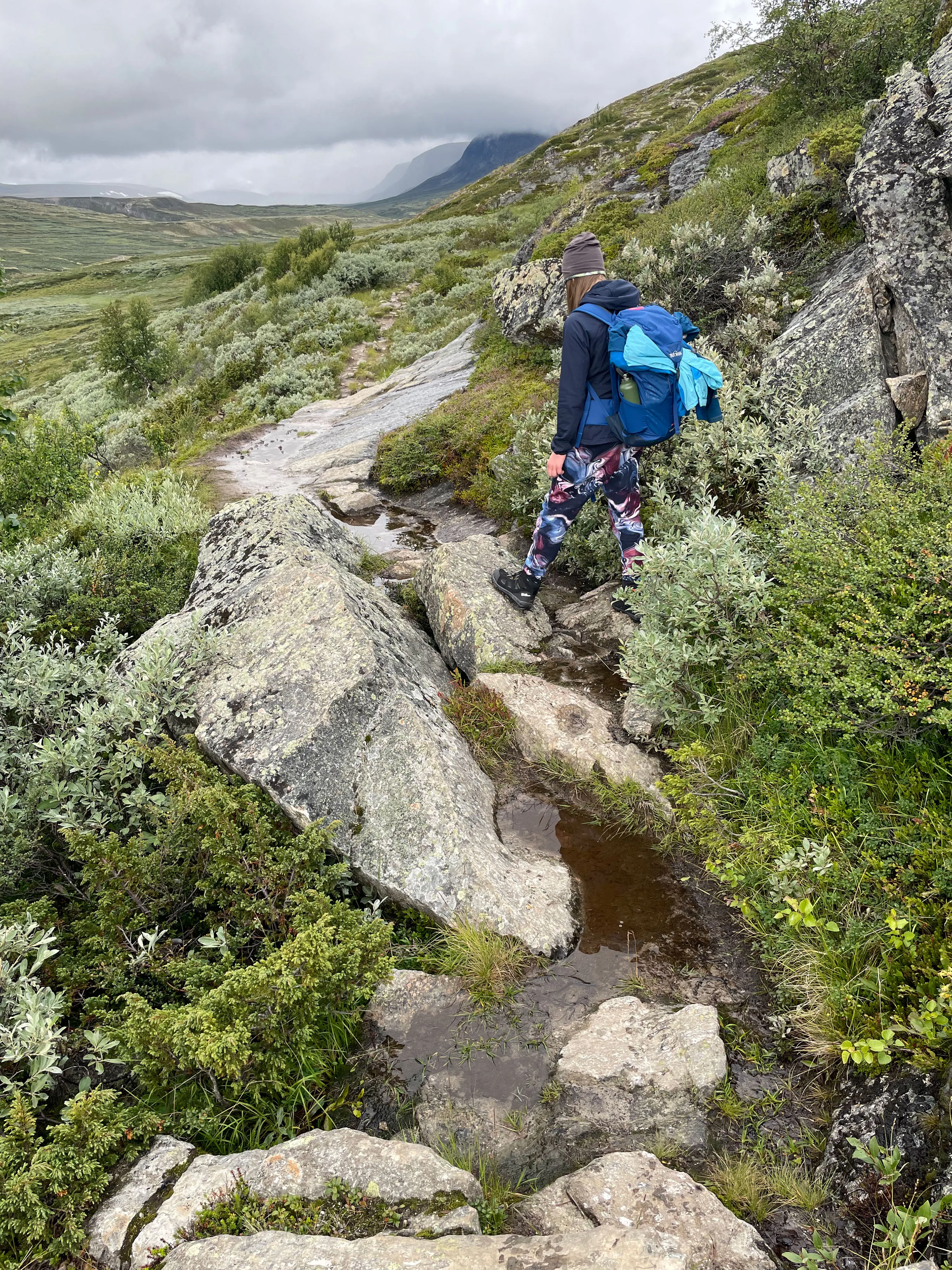 Mensch mit blauem Rucksack wandert auf steinigem Pfad durch grüne Landschaft.