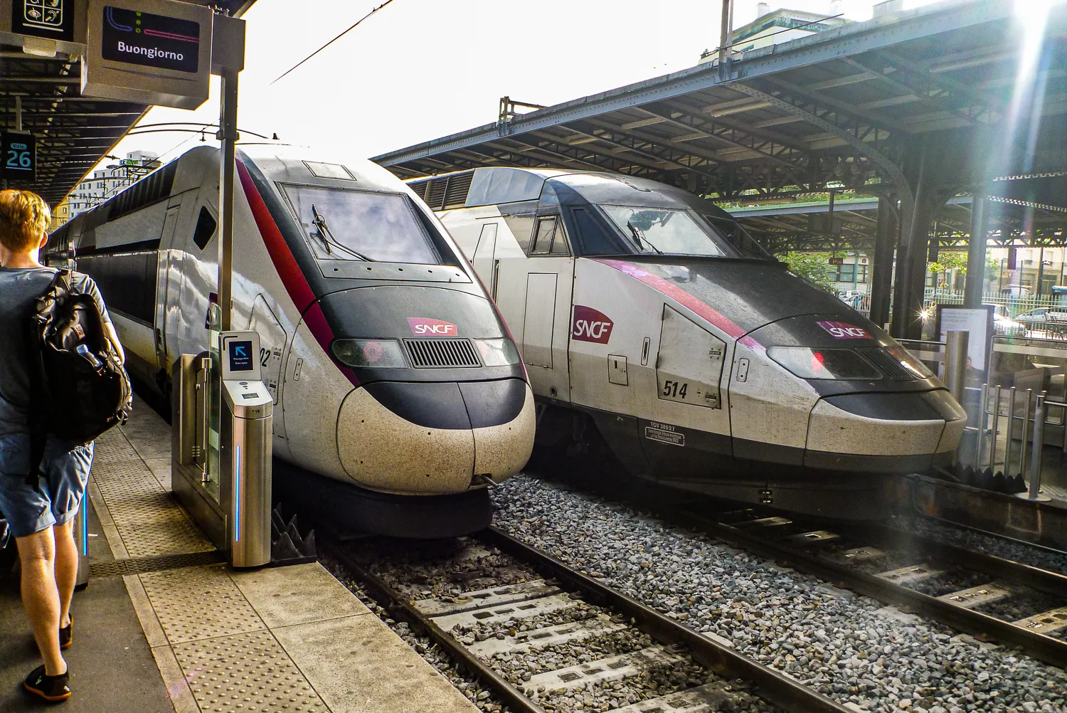 Zwei Hochgeschwindigkeitszüge der SNCF stehen auf Gleisen im Bahnhof.